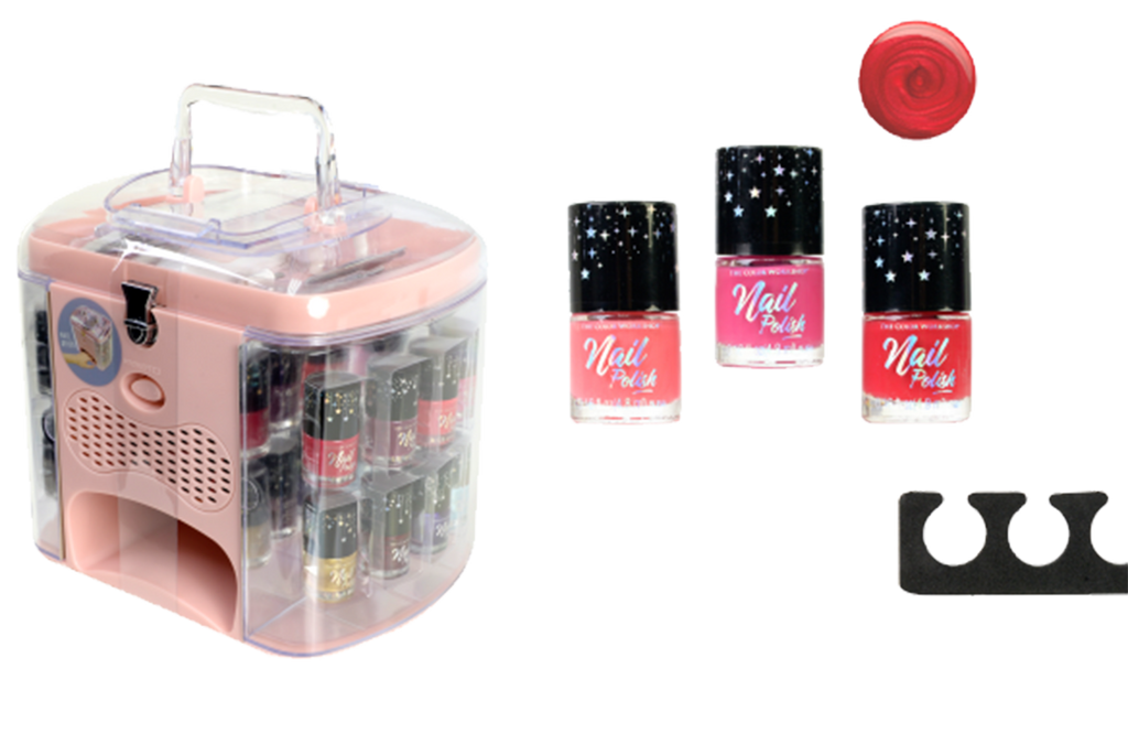 Pink nail polish organizer with nail polishes and a tray on a white background