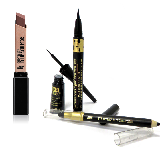 Black Radiance makeup products including lip sculptor, eyeliner, and blending pencil on a white background