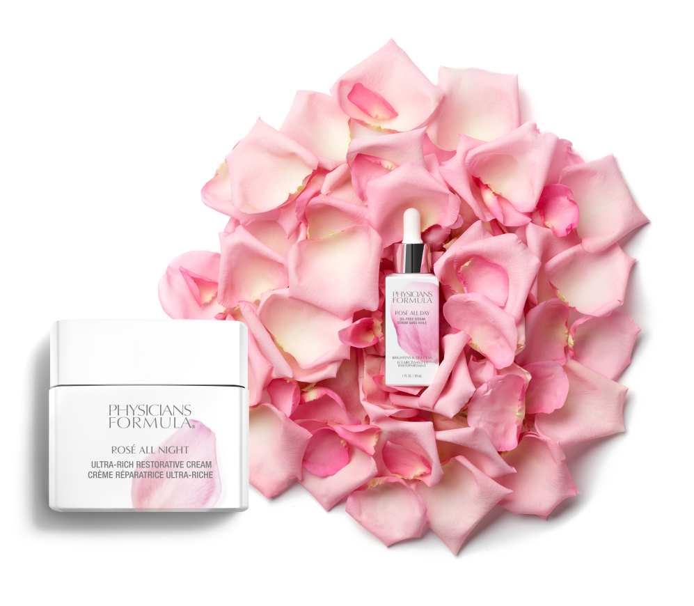 Physicians Formula skincare products on pink rose petals