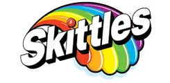 Skittles logo with a rainbow-colored candy on a white background