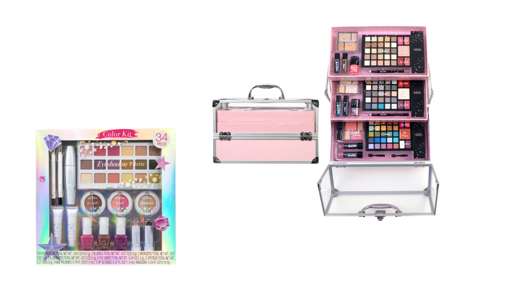 Makeup set with pink case and colorful packaging on a white background