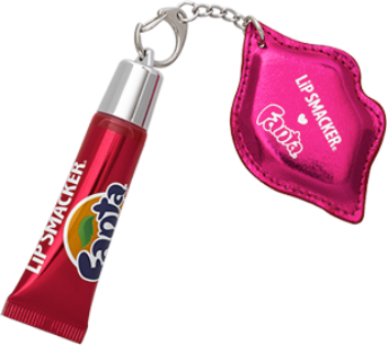 Fanta-flavored Lip Smacker lip gloss tube with a pink lips-shaped keychain that says "Lip Smacker ♥ Fanta