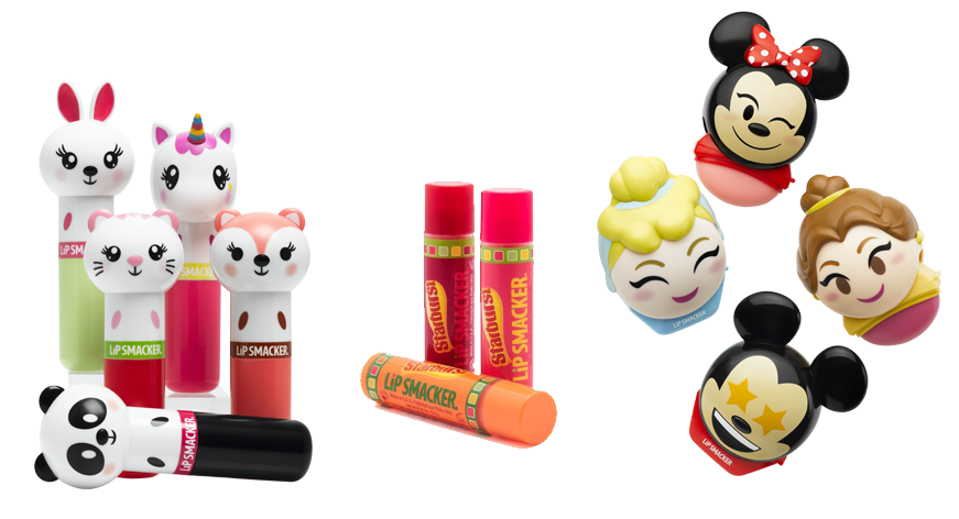 Assorted Lip Smacker lip balms in fun character designs, including animal-shaped tubes, classic Lip Smacker sticks, and round Disney character containers like Mickey, Minnie, Belle, and Cinderella.