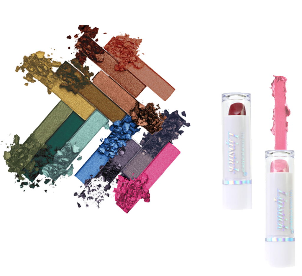 Makeup products including crushed eyeshadows and lip glosses on a white background