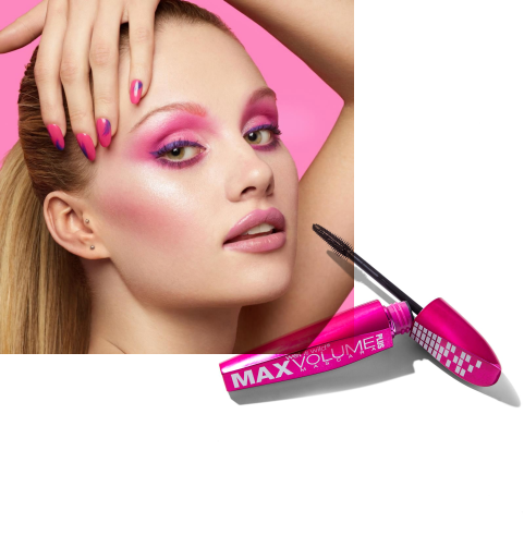 Mascara with 'Max Volume' text on a white background