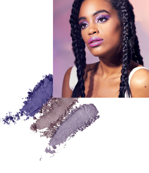 Woman with braided hair and purple makeup, with color swatches of purple and gray on a white background