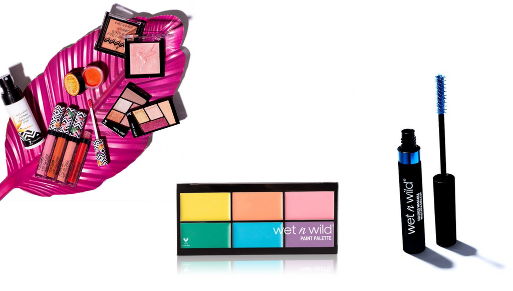 Collection of wet'n'wild makeup products including a palette, mascara, and other items on a white background